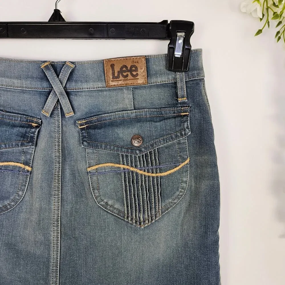 Y2K Lee Denim Skirt Juniors 3 Frayed Hem Button Pockets Stretch Slit Front